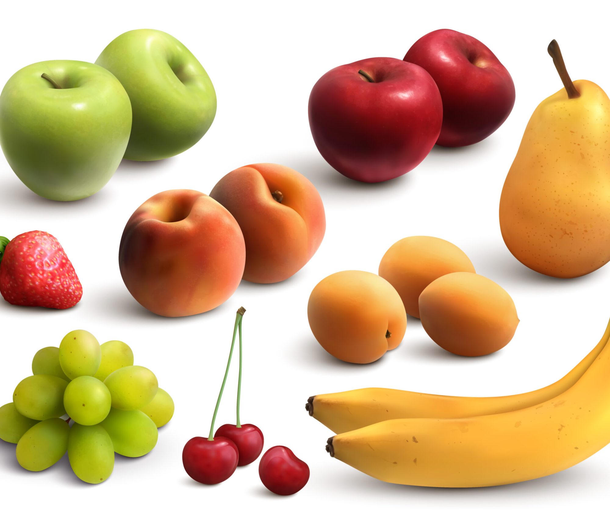 Fruits realistic set with green and red apples bananas pears bunch of grapes peach apricot isolated vector illustration